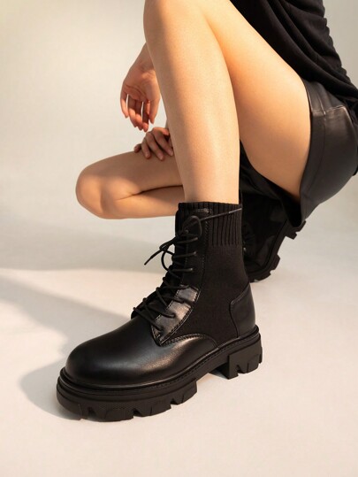 Women's Mid-Calf Boots Black Punk Lace-Up For The Autumn And Winter Season, Suitable For Halloween And Back To School Season, Nightclubs, Shopping, Performances And Dates