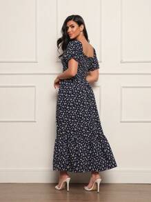 Long Dress With Puffed Sleeves Elastex Print - Navy Blue - View 2