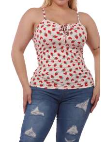 Blusa de Tirantes Top Tank Acanalado Tallas Extras Cordones Ajustables Moda - Blanco Fresas y Corazones - Ver 1