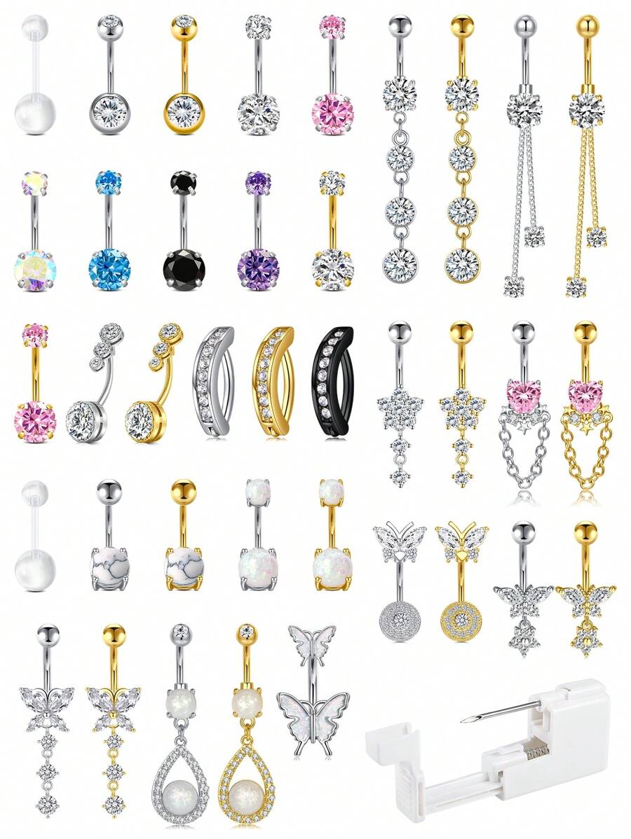 CIZME Belly Button Piercing Kit Gun Belly Piercing Kit Belly Button Piercing Gun Navel Piercing Kit Self Belly Button Ring Piercing Kit Silver Gold Black Pink Blue Disposable Belly Piercing Gun At Home Dangle Belly Button Ring - Multicolor - View 1