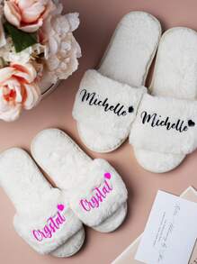 Personalised Custom Letters Pattern Logo Wedding Bride Slippers Fluffy Home Slippers Festival Hen Party Bridesmaid Gift - White - View 3