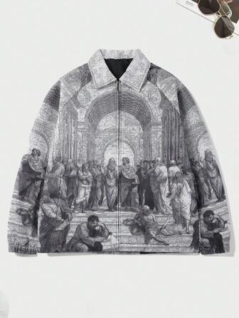 Men Long Sleeve Printed Lapel Jacket , Casual Athleisure Vintage Style Outerwear For Spring & Autumn