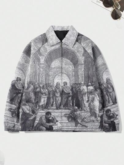 Printed Lapel Jacket For Men, Casual Athleisure Vintage Style Outerwear For Spring & Autumn