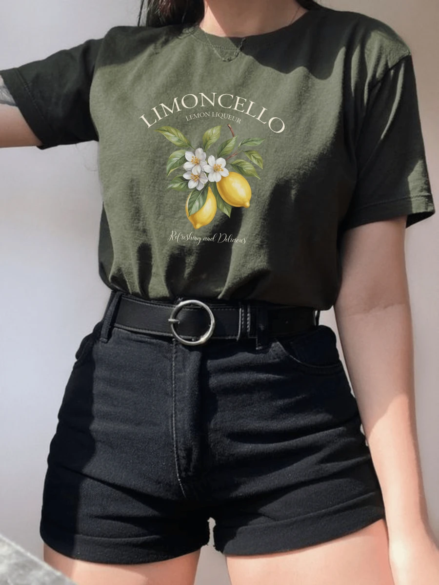 Women's 100% Cotton T-Shirt Minimalist Print Lemon Print T-Shirt - Dark Green - View 1