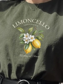 Women's 100% Cotton T-Shirt Minimalist Print Lemon Print T-Shirt - Dark Green - View 2