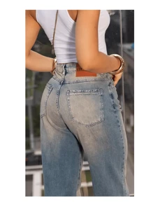 Women's Wide Leg Jeans, High Waist With Dirty Pleat - 中等水洗藍 - 查看 3