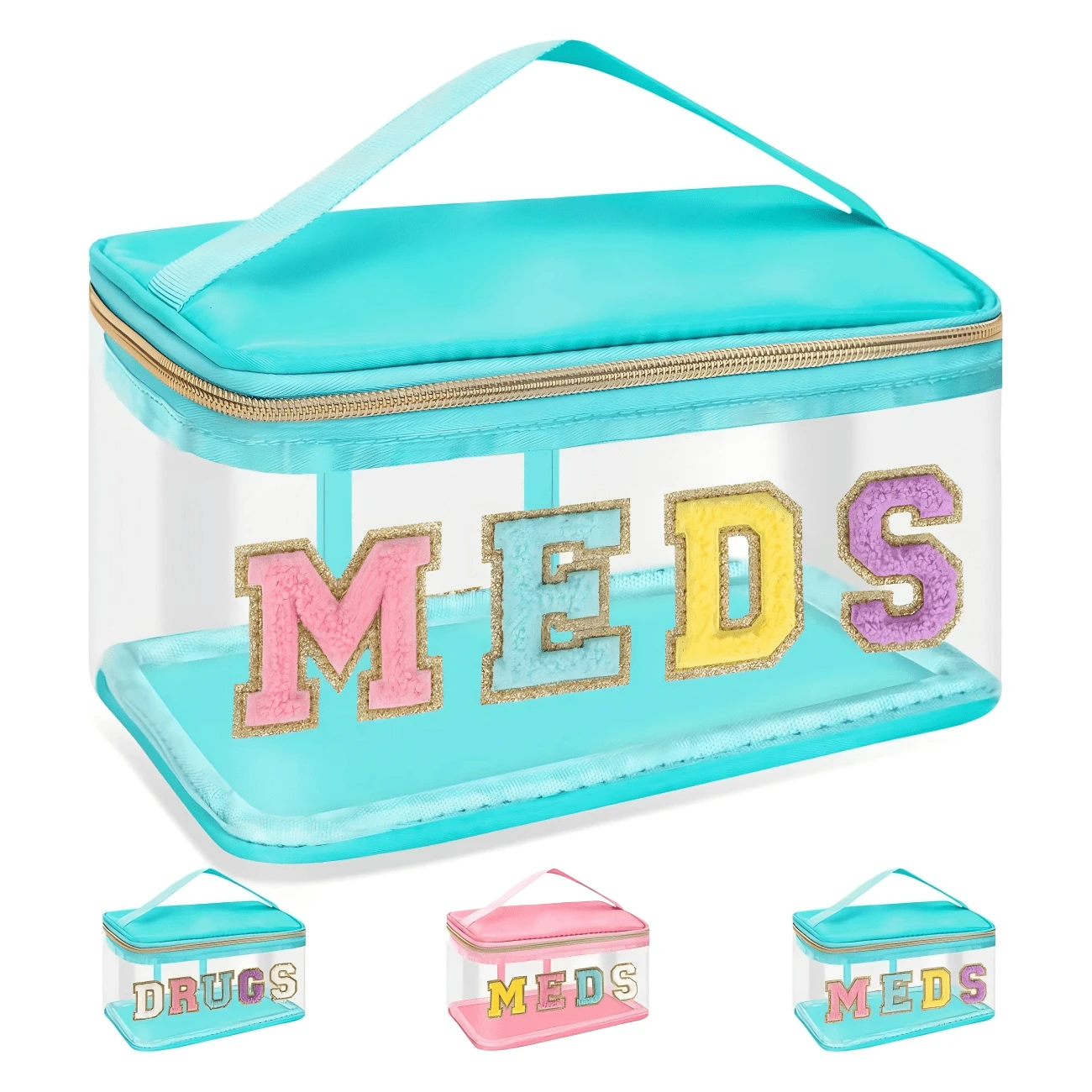 1pc Chenille Letter Bag Clear MEDS Makeup Pouch, Preppy Small Medicine