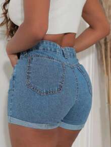 Traditional Women's Jean Shorts With Folded Hem - Rửa trung bình - Xem 2