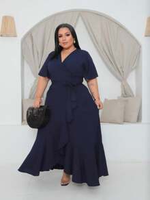 LONG WRAP DRESS WITH FLARE SLEEVES - Màu xanh hải quân - Xem 1