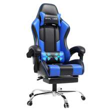 Gaming Chair, Massage Ergonomic Computer Chair With Footrest And Lumbar Support Height Adjustable Gaming Chair With 360°-Swivel Seat And Headrest For Office - 藍色 - 查看 1