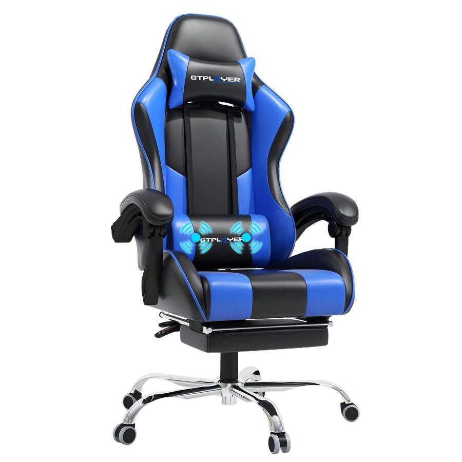 Gaming Chair, Massage Ergonomic Computer Chair With Footrest And Lumbar Support Height Adjustable Gaming Chair With 360°-Swivel Seat And Headrest For Office - 藍色 - 查看 1