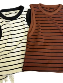 Kit 02 Women's Ribana Striped Cotton Tank Tops - trắng - Xem 2