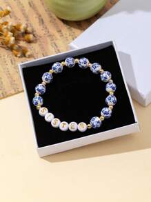 MESTILO 1pc Retro English Letter Beaded & Ceramic Pattern Elastic Cord Bracelet Jewelry Gift Box, Suitable For Mother's Day Gift For Women - Multicolor - View 11