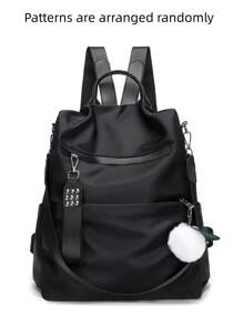 牛津布休闲单肩包，女士尼龙零钱包，手提包，妈妈防水包，酒吧客防盗背包，女士新年礼物，大容量双肩包，带绒球吊饰，适合女孩、小学生/高中生/大学生、毕业生，返校必备 - 黑色 - 查看 13