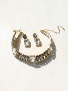 1pc Fashionable Rhinestone Square Pendant Necklace And Earrings Set, Perfect For Women's Party Dress - Multicolor - View 4