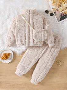 3 Stücke Mädchen Winter Outfit Set: Plüschbär Muster Fleecejacke, Hose und Mini Umhängetasche
