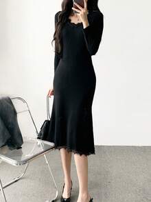 优雅淑女荷叶边腰蕾丝连衣裙，2025 年春夏 - 黑色 - 查看 6