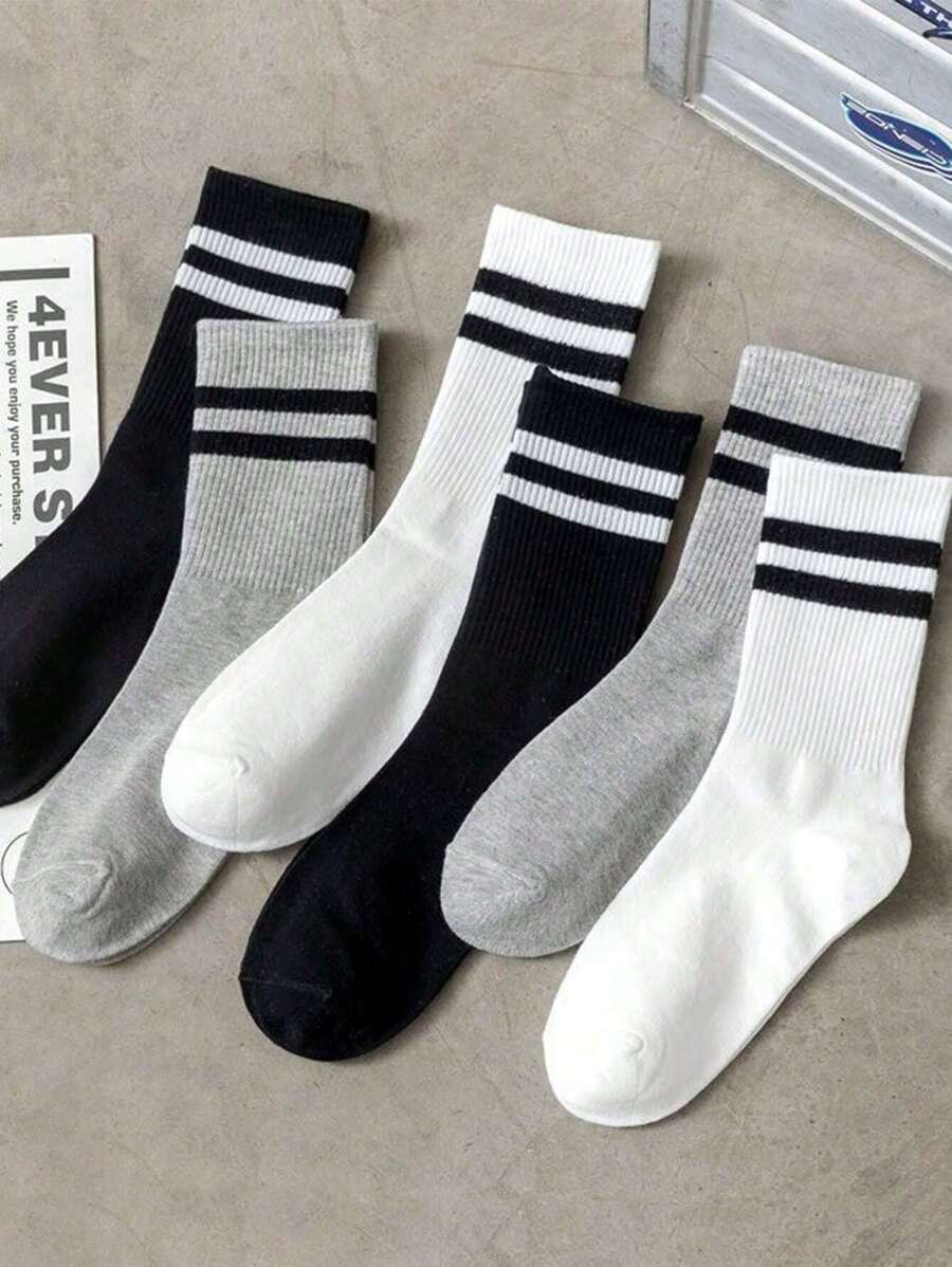 6 Pairs Women Striped Pattern Breathable Moisture-Wicking Casual Crew Socks, Minimalist Versatile Ankle Socks For Daily Wear, Available In 6/12/24/48 Packs - Multicolor - View 1