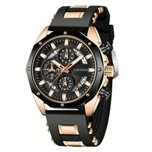 Relojes deportivos de silicona de lujo de marca superior para hombres, reloj de cuarzo para hombres con fecha y cronógrafo - Negro - Ver 6