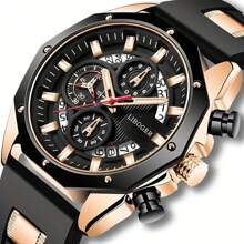 Relojes deportivos de silicona de lujo de marca superior para hombres, reloj de cuarzo para hombres con fecha y cronógrafo - Negro - Ver 5