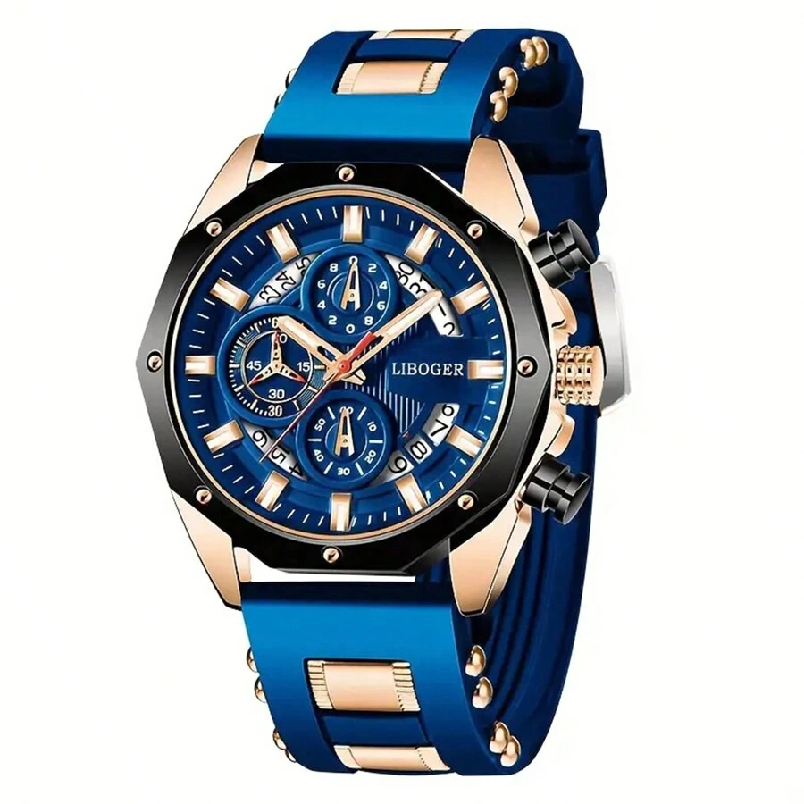 Relojes deportivos de silicona de lujo de marca superior para hombres, reloj de cuarzo para hombres con fecha y cronógrafo - Negro - Ver 1