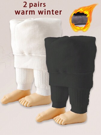 2pairs Plush Thick Full Length Tights For Toddler Girls, Solid Winter Leggings