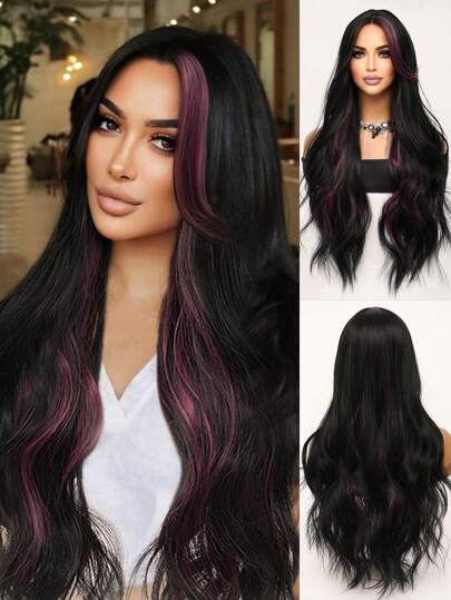 Elegant Black-Highlighted Purple Long Loose Wavy Wig 34 Inches Center Part Bangs Soft And Fluffy Heat-Resistant Fiber Suitable For Women's Daily Wear Festive Gatherings, Wedding Parties, Halloween, Christmas, Cosplay, Y2K Winter Casual Street Style, And More
