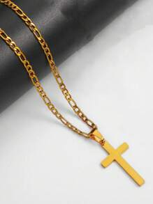 1 mặt dây chuyền thánh giá trơn bằng thép không gỉ có dây xích, dây chuyền thánh giá đơn giản dành cho nam và nữ thời trang - Vàng - Xem 2