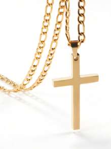 1 mặt dây chuyền thánh giá trơn bằng thép không gỉ có dây xích, dây chuyền thánh giá đơn giản dành cho nam và nữ thời trang - Vàng - Xem 3