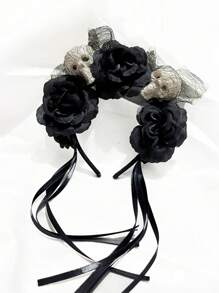 哥特式骷髅和玫瑰头带 - 万圣节亡灵节派对配饰，非常适合万圣节服装和角色扮演