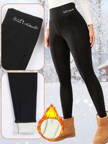 女士高腰保暖内衬打底裤，涤纶混纺针织面料，可机洗，休闲简约风格九分紧身裤，适合冬季穿着 - 黑色 - 查看 6