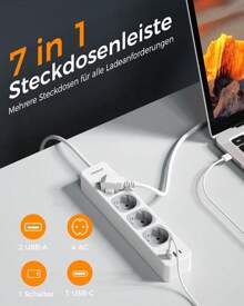 TESSAN 4-Way Multiple Socket With USB C And 2 USB A, 7 In 1 Power Strip Extension Cable 2M, Multiple Plug With Switch, 3600W Distribution Socket Power Strip, Multiple Socket With USB - 灰色 - 查看 3