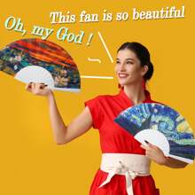 Two Folding Fan Hand Fans, Hand Fans With Famous Paintings By Van Gogh And Gustav Klimt And Monet Painted Beautiful Fabric - Multicolor - View 2