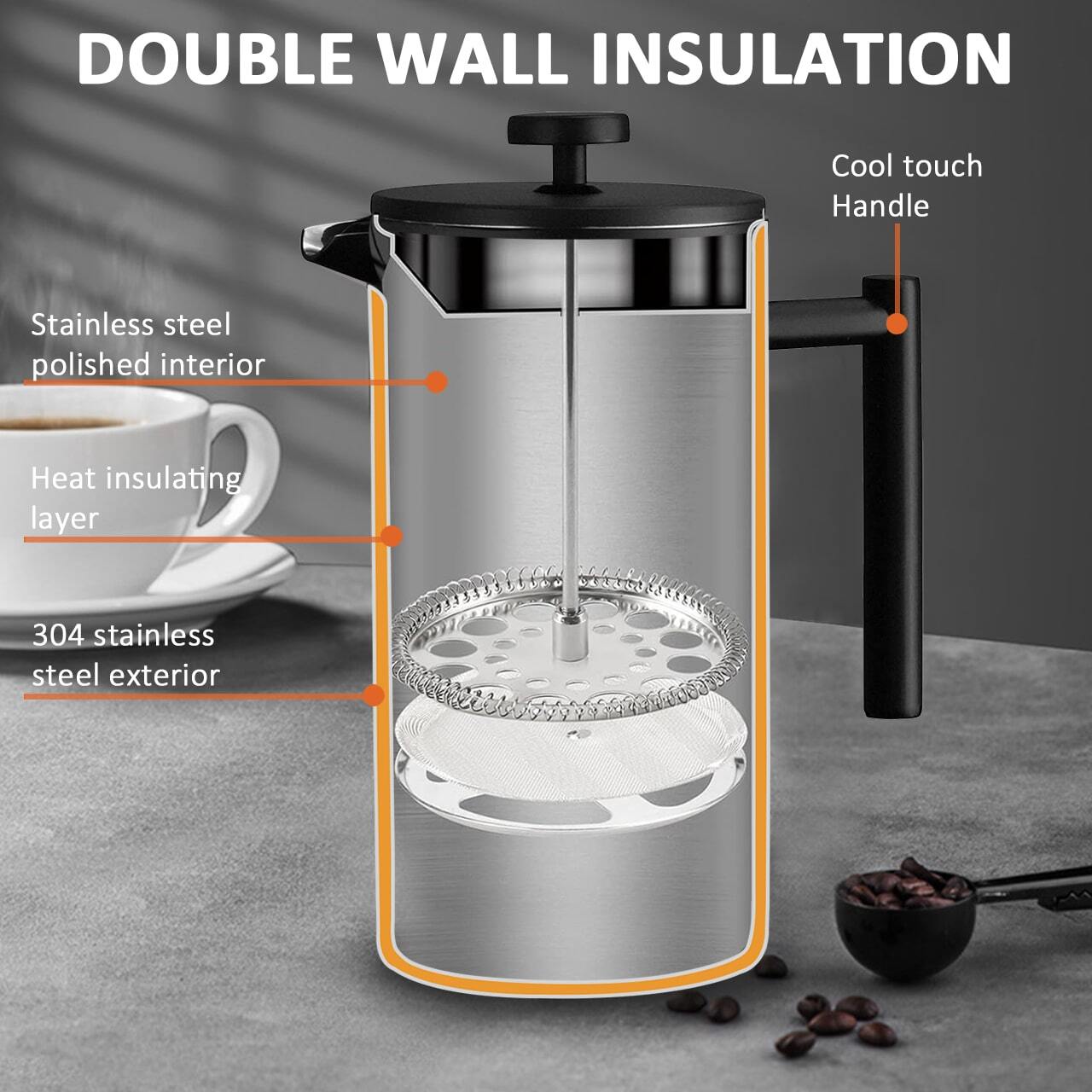 French Press Coffee Maker With Spoon Clip , DoubleWall Insulated