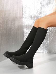 女士针织套穿弹力过膝长靴，舒适透气粗跟，优雅百搭黑色过膝长靴，秋冬季派对必备