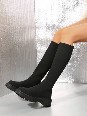 女士针织套穿弹力过膝长靴，舒适透气粗跟，优雅百搭黑色过膝长靴，秋冬季派对必备