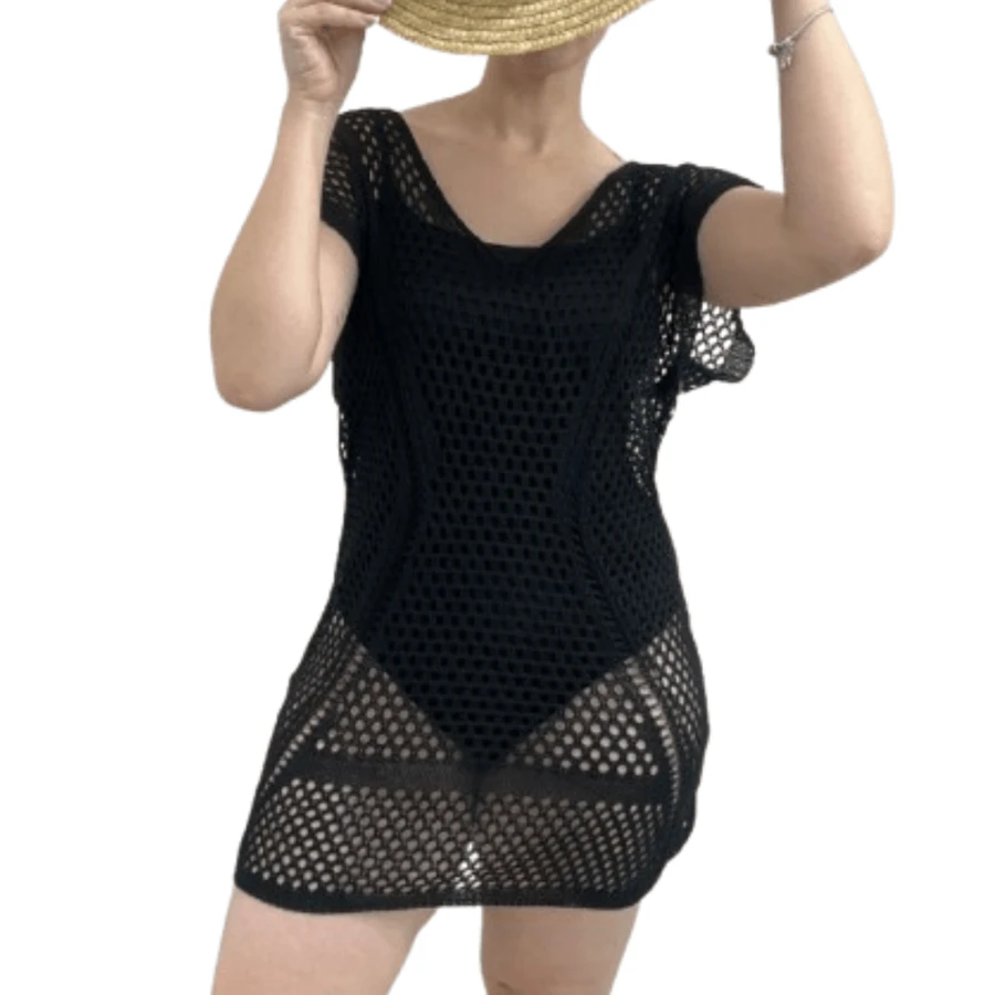 Women's Beach Cover-Up Short Dress Knit Summer Fashion Blogger V-Neck - màu đen - Xem 1