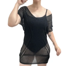 Women's Beach Cover-Up Short Dress Knit Summer Fashion Blogger V-Neck - màu đen - Xem 5
