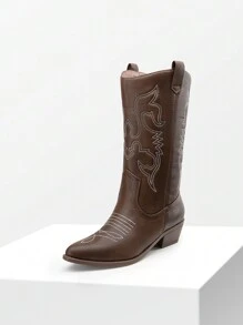 BURUDANI Women's Classic Western Cowboy Boots Slip-On Pointed Toe Embroidery Matching Dress Music Festival Party Farm Mid-Calf Brown Boots - 棕色 - 查看 3