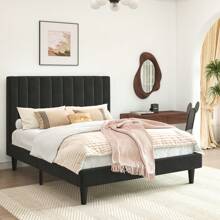 Allewie Velvet Upholstered Twin/Full/Queen/King Bed Frame With Vertical Channel Tufted Headboard / Sturdy Wooden Slats For Platform Bed Use / Mattress Foundation/Box Spring Optional / Easy Assembly – White/Black/Blue/Green/Pink * Bed Frame Queen Queen Bed Frame Bed Frame Full Full Size Bed Frame King Size Bed Frame Twin Bed Frame Room Decor Home Decor Christmas Decor Bedroom Decor Valentine Day Decor Storage Living Room Decor Furniture House Decor - 黑色 - 查看 2