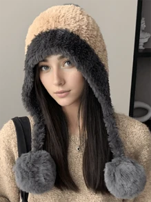 Cozy Winter Beanie With Ear Flaps - Cute Plush Pom-Pom, Thick Thermal Lined Knit Hat For Women, Stretchy Winter Hats For Women Embroidered Hat Halloween