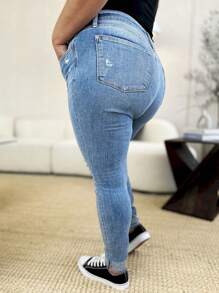 Women's Casual Jeans Mid Rise Destroy Cuff Ripped Skinny Denim Pants Light Blue Denim Distressed Details Full Length Button And Zipper Closure Stretch Fit For Casual Everyday Wear - 中等水洗藍 - 查看 11