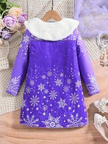 Váy thời trang thu đông dễ thương cho bé gái, họa tiết bông tuyết cho bé gái có cổ áo bông có thể tháo rời, váy dệt kim cổ tròn dài tay, phù hợp cho trẻ mới biết đi & bé gái nhỏ dự tiệc, ngày lễ, trang phục thường ngày, trang phục mùa đông mềm mại & ấm áp cho trẻ em - Màu tím - Xem 2