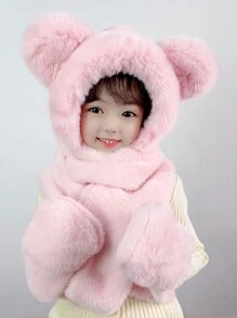 Toddlers' Winter Cute Bear Earflap Hat With Scarf And Gloves 3-In-1, Thermal Lined Windproof Kids Hat, Unisex - Solid Color Ears Plush Three-piece Hat - View 12
