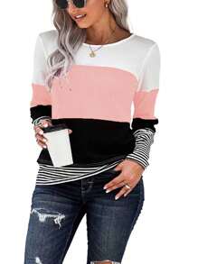 Womens Color Block Loose Long Sleeve T Shirts Casual Comfy Tops Tee Shirt Women's Tunics - Hồng - Xem 1