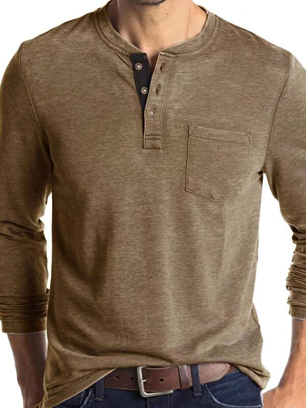 Plus Size Men's Casual Henley Collar Long Sleeve T-Shirt, Spring/Autumn