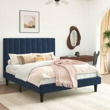 Allewie Velvet Upholstered Twin/Full/Queen/King Bed Frame With Vertical Channel Tufted Headboard / Sturdy Wooden Slats For Platform Bed Use / Mattress Foundation/Box Spring Optional / Easy Assembly – White/Black/Blue/Green/Pink * Bed Frame Queen Queen Bed Frame Bed Frame Full Full Size Bed Frame King Size Bed Frame Twin Bed Frame Room Decor Home Decor Christmas Decor Bedroom Decor Valentine Day Decor Storage Living Room Decor Furniture House Decor - 藍色 - 查看 2