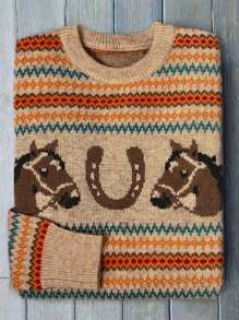 Fashion, Leisure, Oversize Comfort, Creativity, Horsehead Contrast Pattern, Knitted Long-Sleeved Sweater.