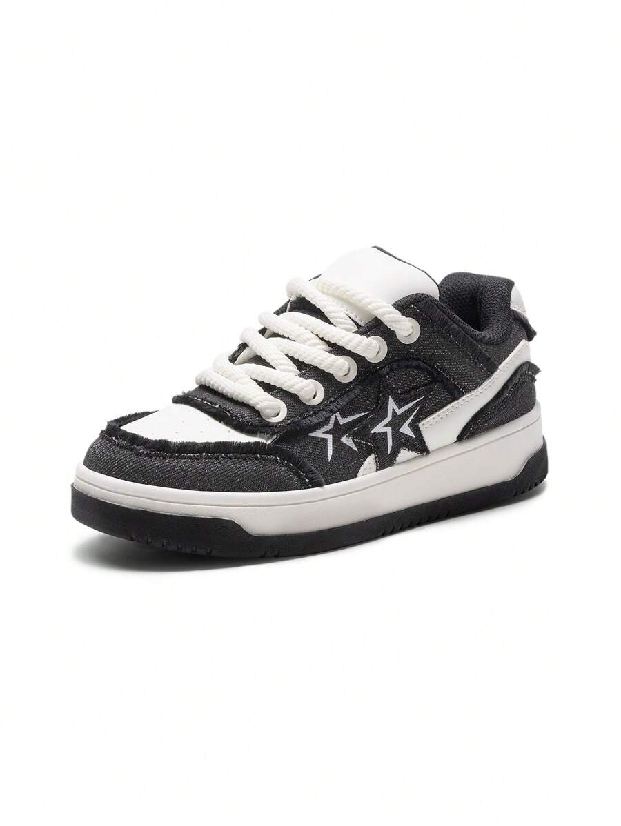 Women Lace Up Sneakers Layered Denim Design Vegan Leather Sporty Outdoor Skate Shoes Comfortable Casual Flat Low-Top Fashion Walking Shoes