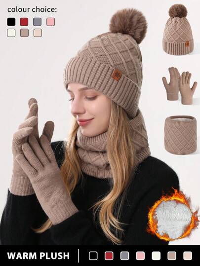 1-3pcs/Set Women Winter Knit Beanie, Neck Warmer & Touch Screen Gloves Set, Double-Layer Thermal Lined, Patterned Jacquard Fabric With Pompom, Snowflake Texture, Suitable For Skiing, Travel, Driving, Dating, Gift For Women, Daily Use Winter Accessories Winter Outfits Valentines Gift
